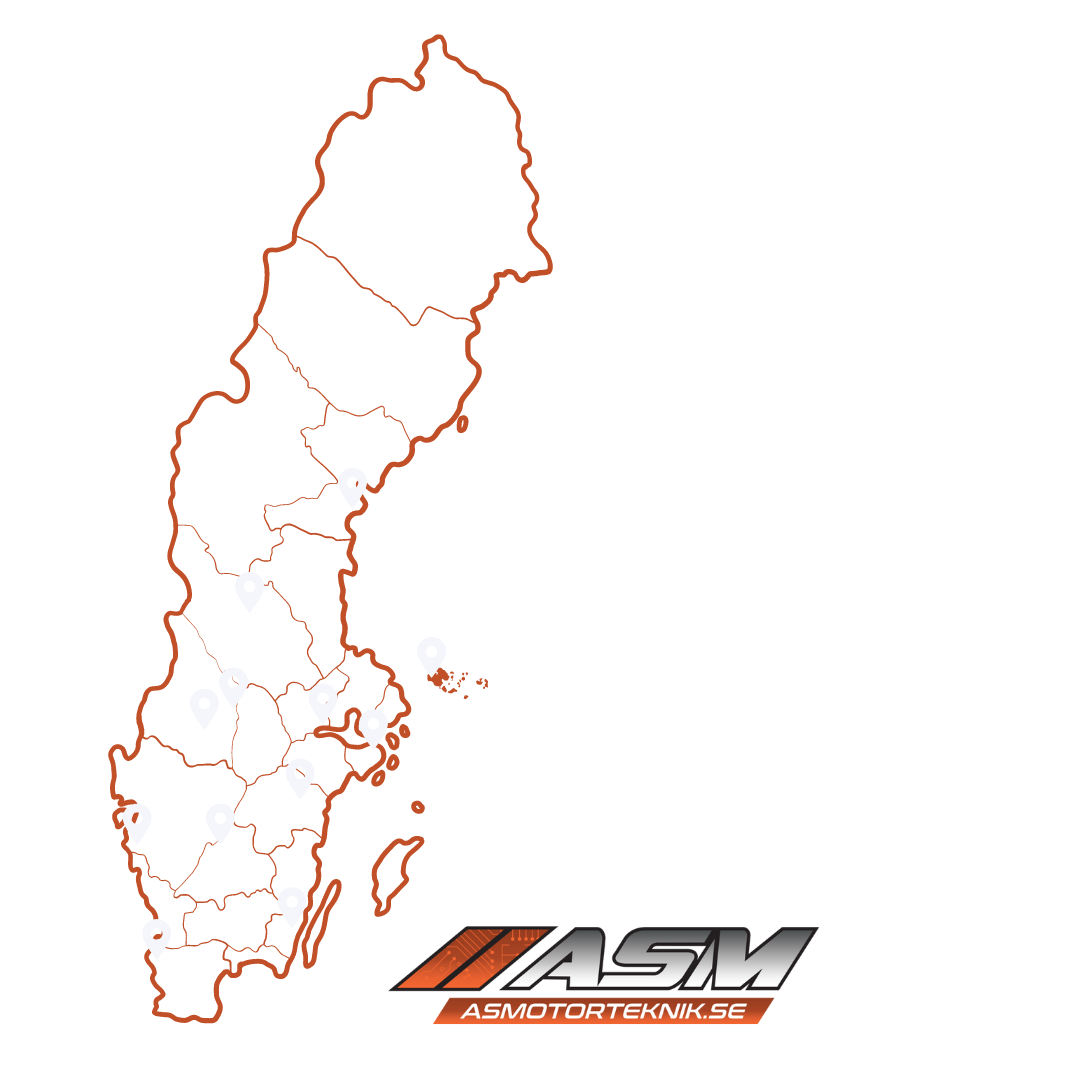 Karta över AS Motortekniks verksamhetsområden i Sverige